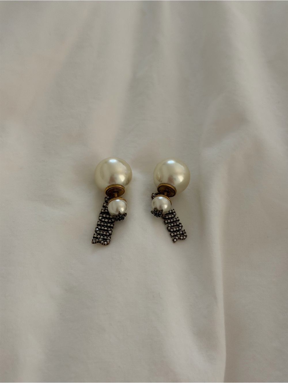 Dior Ivory Pearl Drop Earrings with Black Crystal Fringe